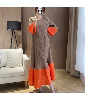 Miyake Pleated Women's dress Stretch plus size ruffle Long sleeve Vintage casual long Maxi dresses for women