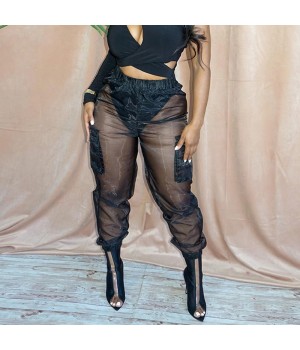 Fashionable Street Women Cargo Pants Black Color Side Pocket Loose Mesh See-through Sexy Cargo Pants Womens