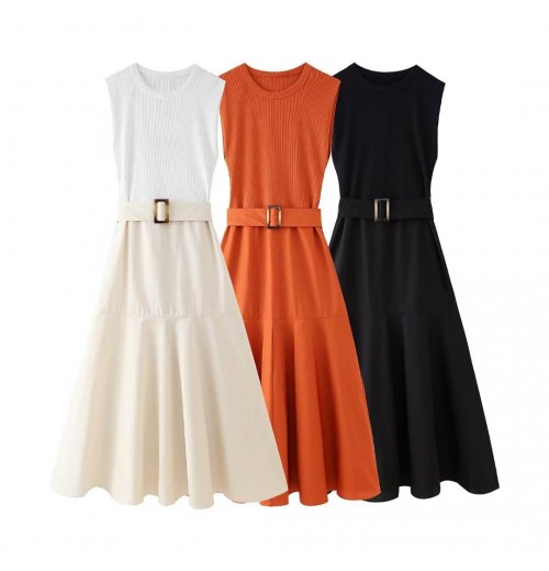 Women 2024 Summer New Fashion Dress With Belt Stitching Vintage Backless Elastic Wide Straps Female Dresses