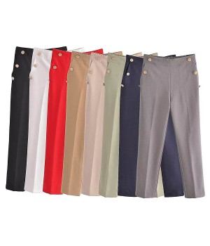 2024 Spring New Button Decoration Solid Color trousers Fashion High Waist Casual pants For women