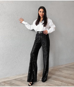 Women's Spring Fashion Sequins Solid Color Temperament High Waist Elastic Band Wide-leg Pants Women's Pants Trousers