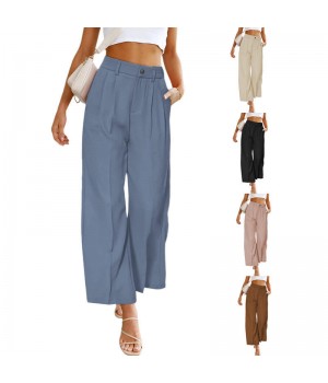 Loose-Fit Solid Wide Leg High Waist Trousers with Elastic Waistband for Women